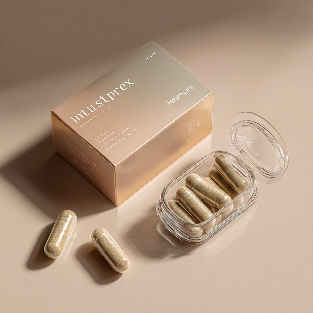 IntestiPurex természetes kapszulák üvegtálban, körülöttük friss gyógynövények, kamilla, gyömbér és probiotikus kultúrák mikroszkópos képe